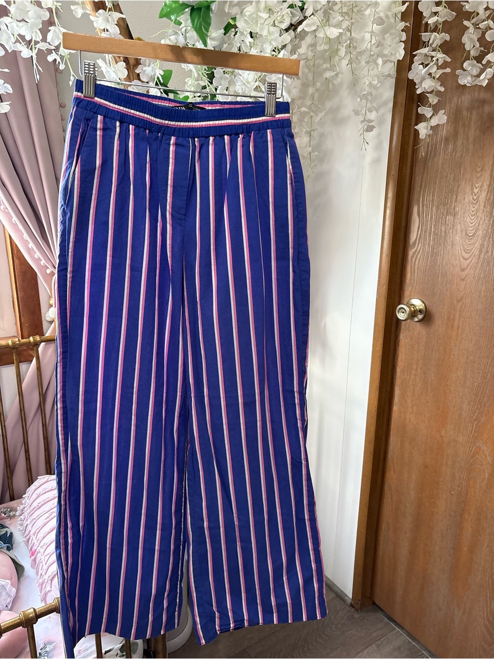 Zara Blue and Pink Vertical-Striped Elastic-Waist Pajama Pants